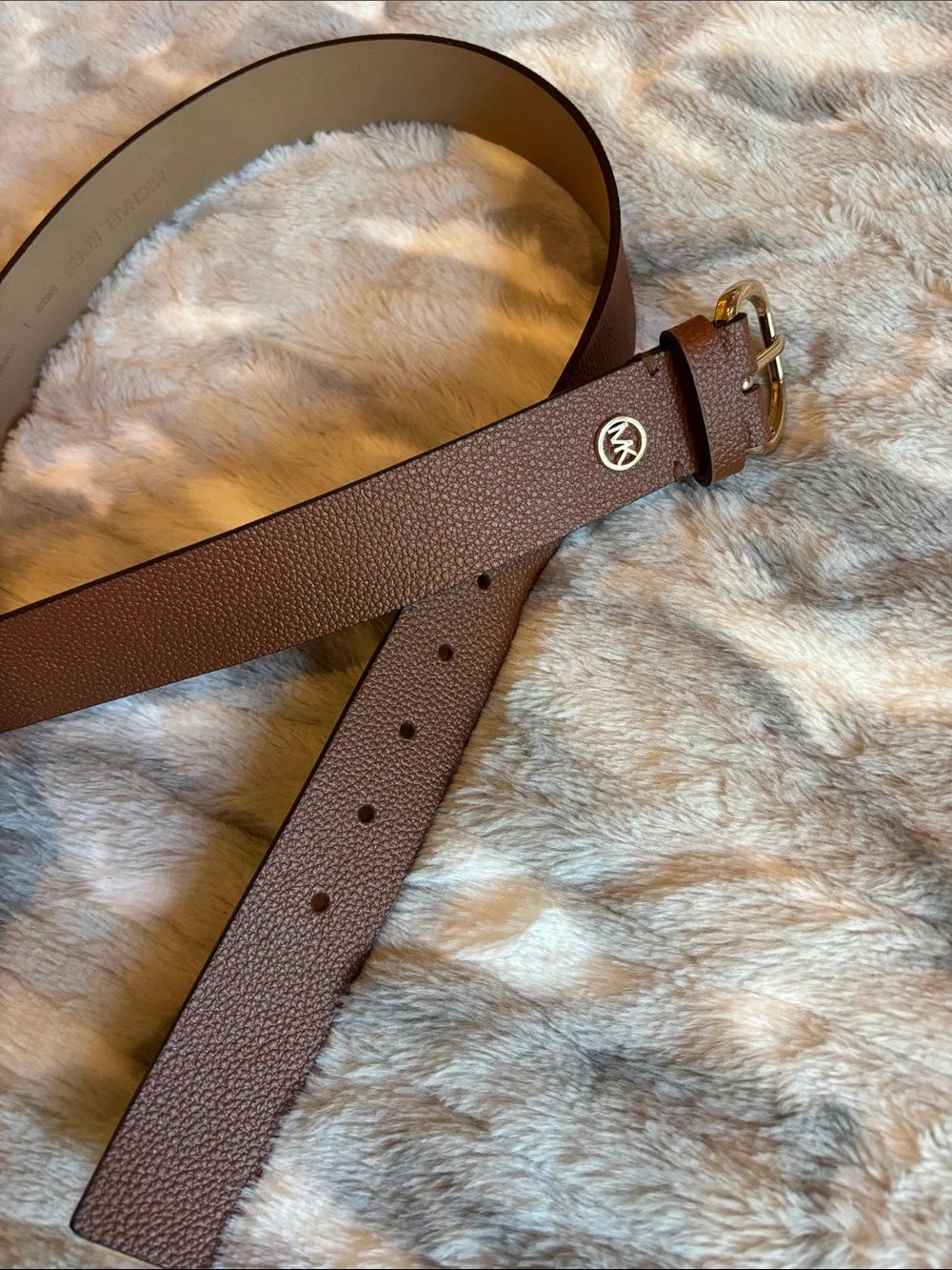 Michael Kors Brown Leather Belt with Gold-Tone Buckle